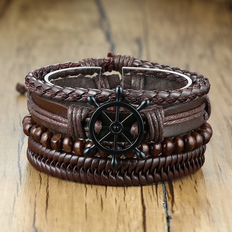 4Stk/ Set geflochtenes Wickelleder, Armbänder für Männer