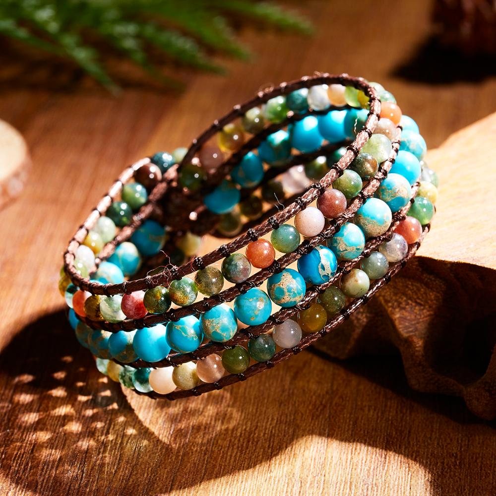 Amazonit & Naturperle Super 5 Kette Armband. Multi-Stein Stapelbares Armband. Leder Wickelarmband