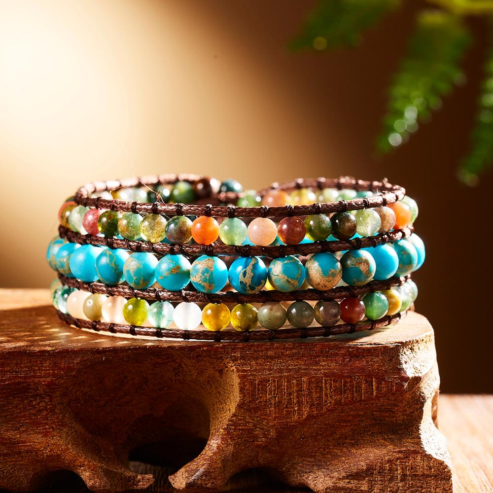 Amazonit & Naturperle Super 5 Kette Armband. Multi-Stein Stapelbares Armband. Leder Wickelarmband