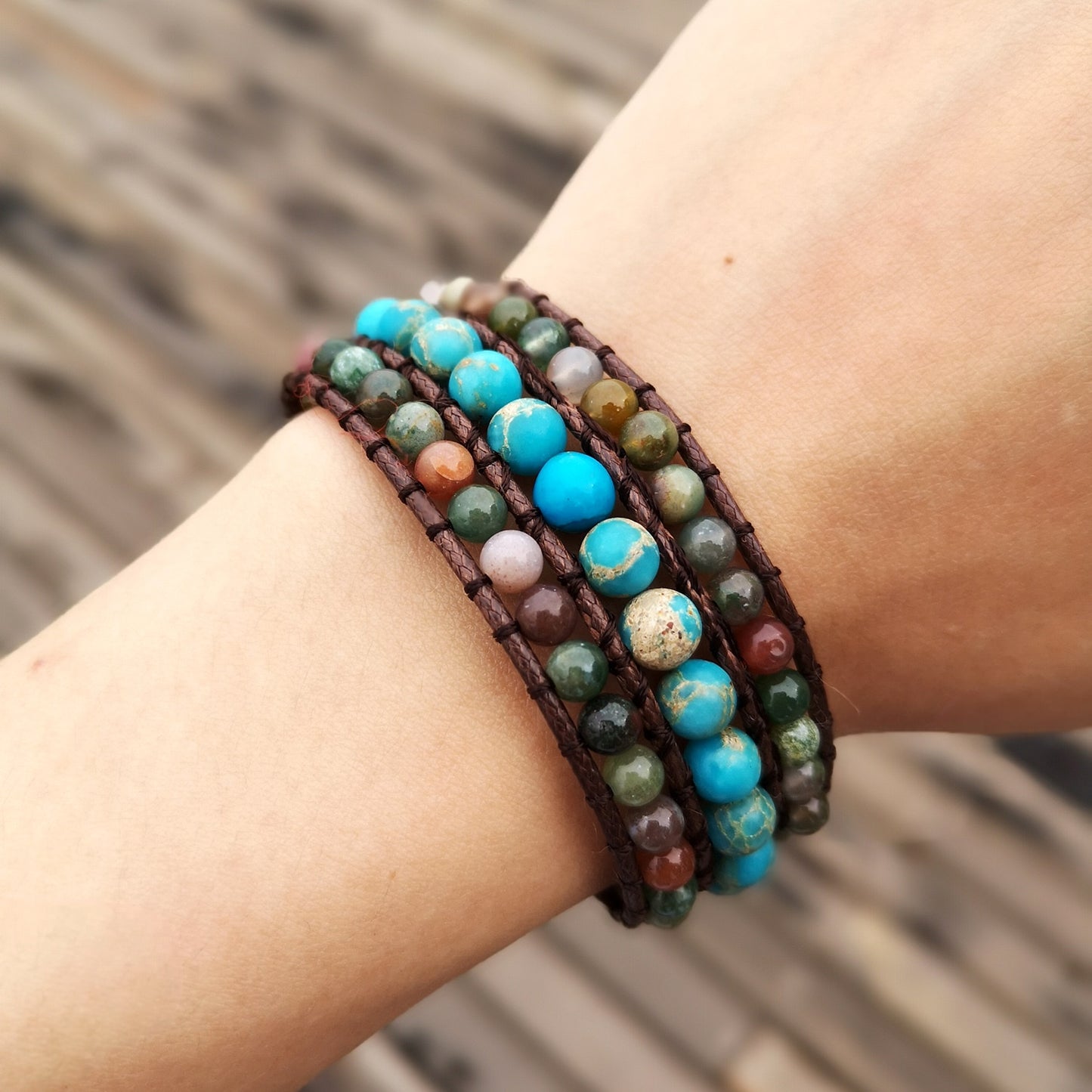 Amazonit & Naturperle Super 5 Kette Armband. Multi-Stein Stapelbares Armband. Leder Wickelarmband