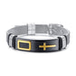 Silber Kreuz Armband Schwarz Leder, Edelstahl Graviert