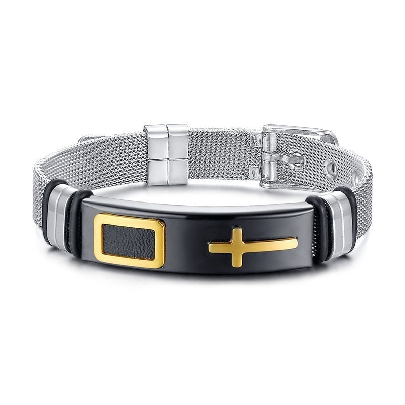 Silber Kreuz Armband Schwarz Leder, Edelstahl Graviert