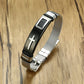 Silber Kreuz Armband Schwarz Leder, Edelstahl Graviert