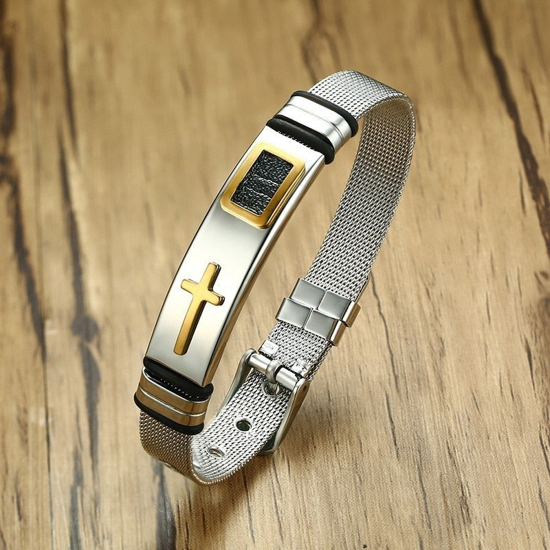 Silber Kreuz Armband Schwarz Leder, Edelstahl Graviert