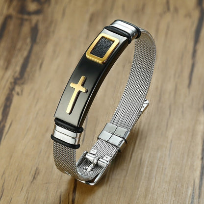 Silber Kreuz Armband Schwarz Leder, Edelstahl Graviert
