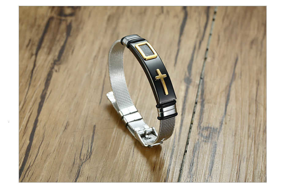 Silber Kreuz Armband Schwarz Leder, Edelstahl Graviert